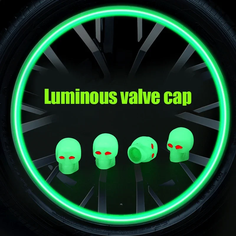 Car Tire Valve Caps Fluorescent Skull Head Auto Motorcycle Bicycle Nozzle Cap Decor Night Glowing Wheel Plug Cover Accessories