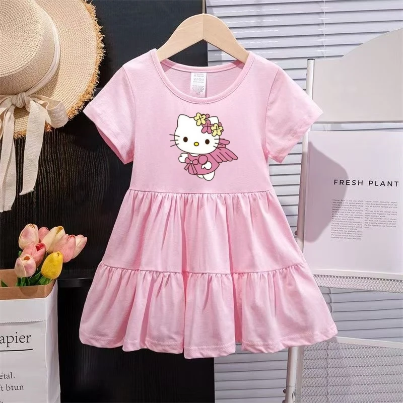 

Sanrio Summer Baby Girls Solid Cotton Dress Kid Children Hello Kitty Printed Short Sleeve Clothes Cartoon Cute Princess Dresses