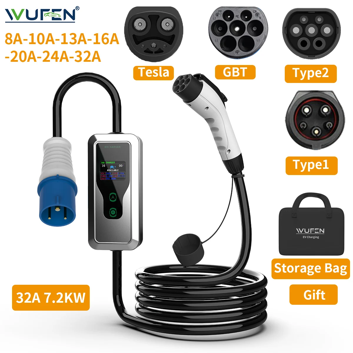 WUFEN المنزلية المحمولة شاحن سيارات كهربائية مرحلة واحدة 7KW مع CEE 220 فولت Type2/GBT/Type1/Tesla التوصيل سيارة كهربائية شحن عالي السرعة