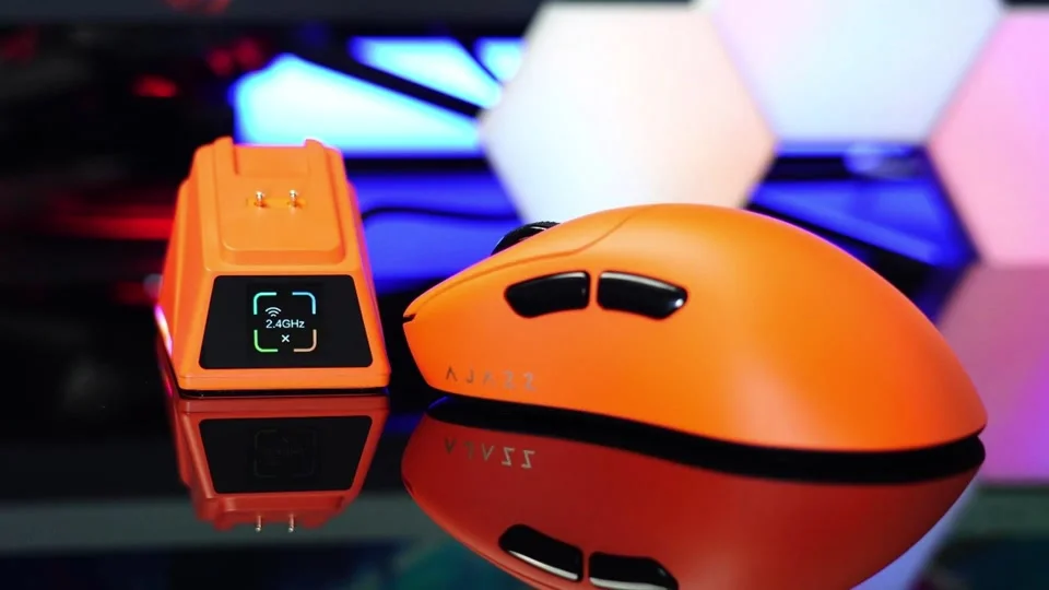 

Ajazz AJ159A PEX3950 Bluetooth Gaming Mouse Orange 3 Mode Paw3950 8K Wireless Lightweight Mouse With Color Screen Charging Base