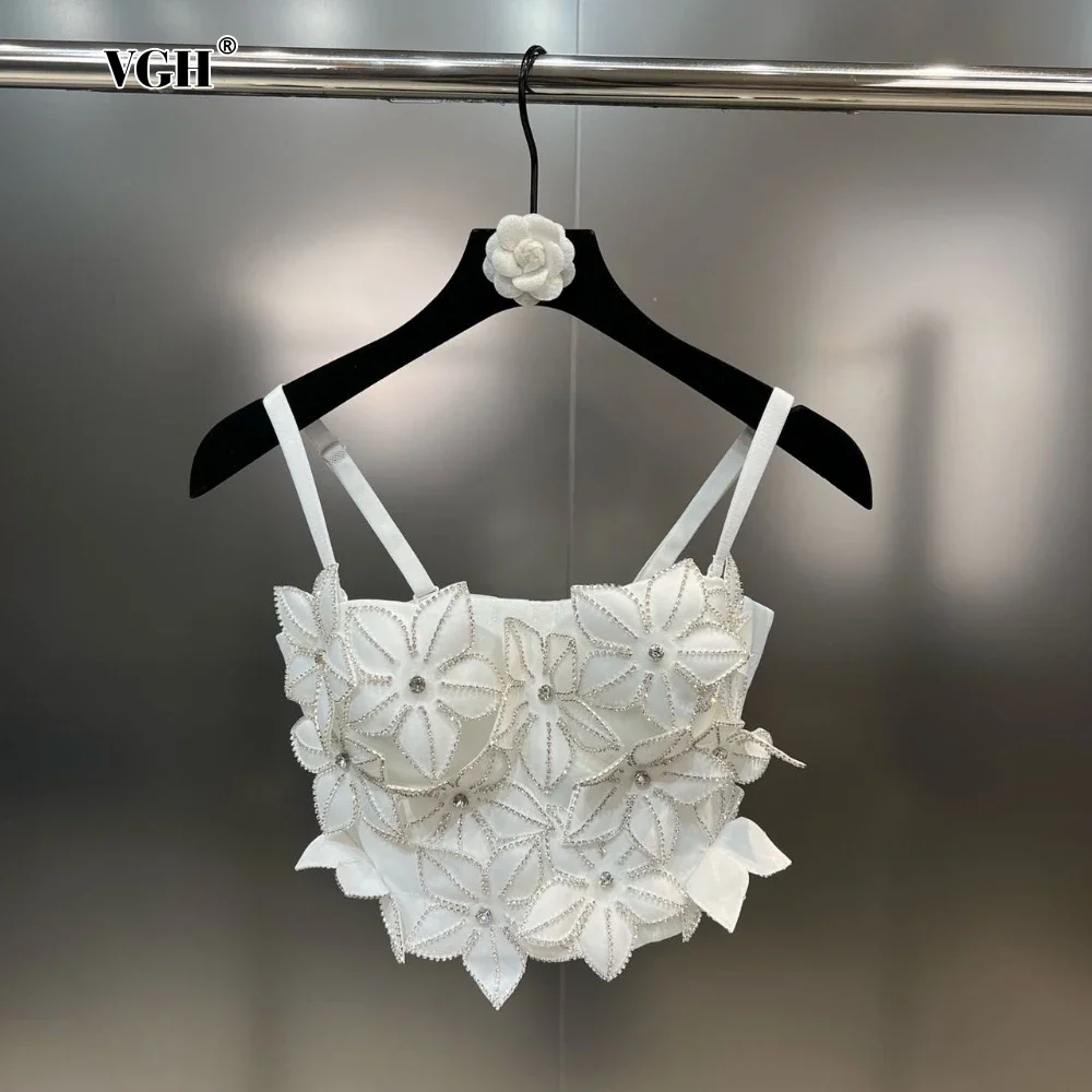 

VGH Summer Spliced 3D Flower Vest with Diamonds for Women Spaghetti Straps Square Collar Backless Hot Girl Tube Top Female New