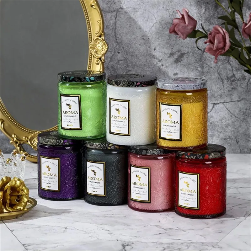 1PC Scented Candle Creative Embossed Glass Cup Smokeless Handmade Soy Wax Jar Candle Fragrance Gift Candle