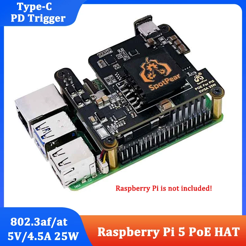 Raspberry Pi 5 PoE HAT With PD Trigger Activation Type C Power Over Ethernet 802.3af/at 5V/4.5A 25W Optional Fan for RPi5