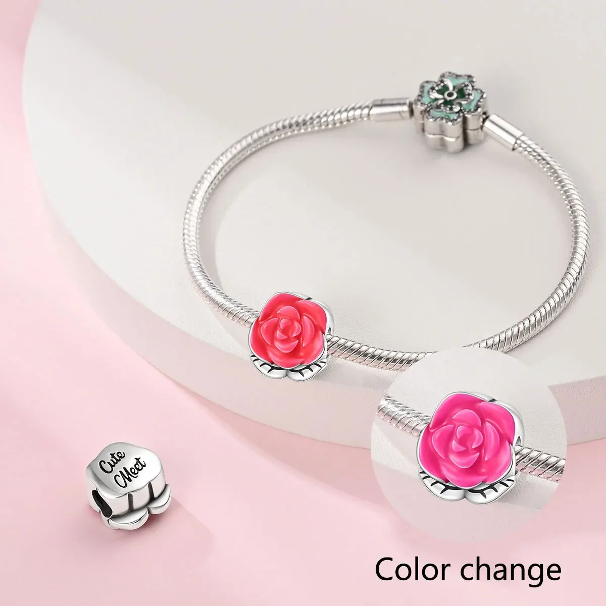 Design style temperature-sensitive color-changing heart-shaped flower copper-plated silver pendant bracelet necklace DIY