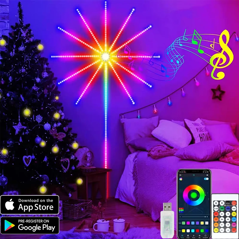 Tira de luces LED de fuegos artificiales, lámpara inteligente RGB que cambia de Color, USB, decoración de pared, Fiesta de cumpleaños, sueño