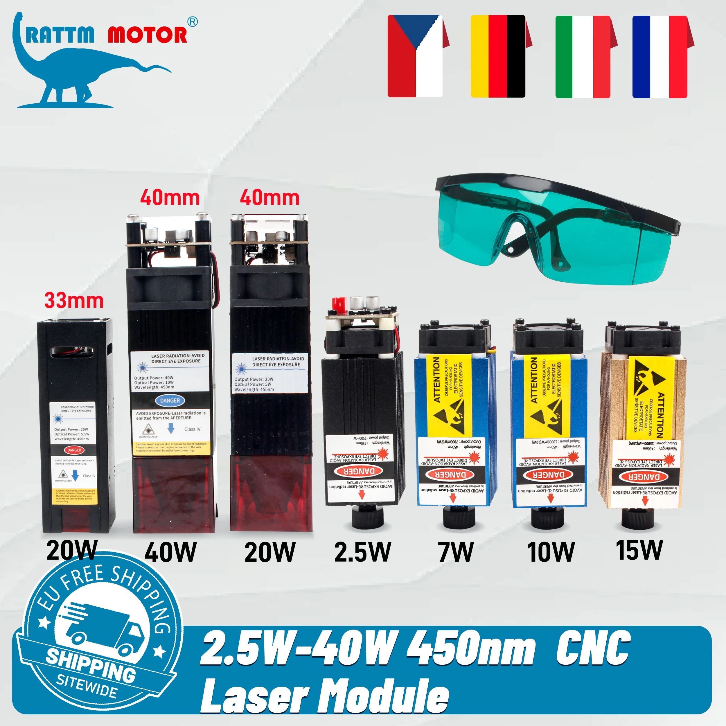 【ضريبة القيمة المضافة المجانية في الاتحاد الأوروبي】20 وات 40 وات 3 دبابيس وحدة ليزر 450 نانومتر تركيز ثابت نقش بالليزر الأزرق وقطع صمام ثنائي أنبوب ليزر للتحكم TTL/PWM