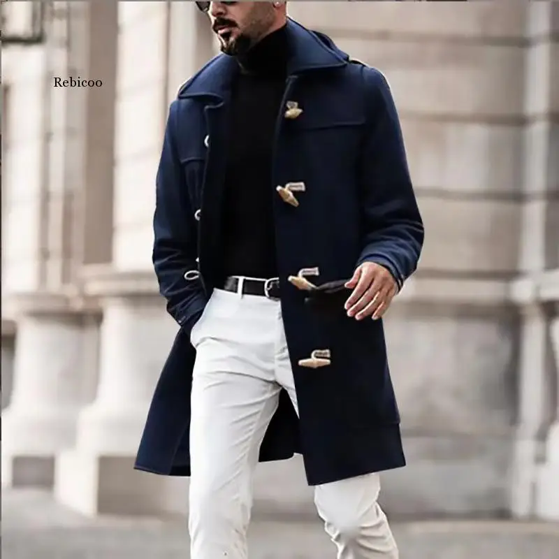 

Men Long Woolen Blend Coat Fashion Wear Mid-Length Men Overcoat Coat Horn Button Turn Down Neck Autumn Winter