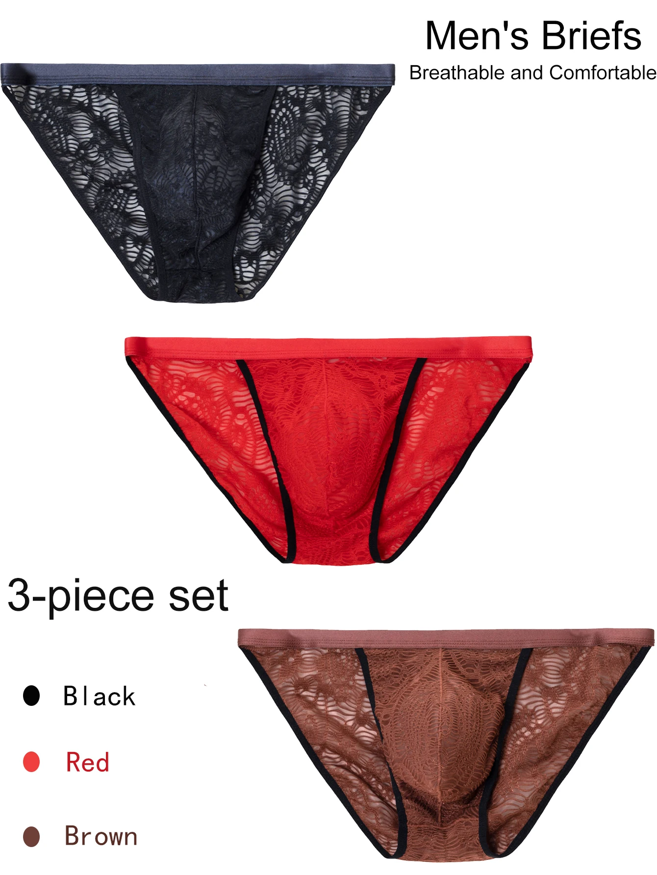 3-piece Men's Underwear Triangle Solid Color Fashionable Sexy Lace Transparent Underwear Breathable And Comfortable Beach Daily