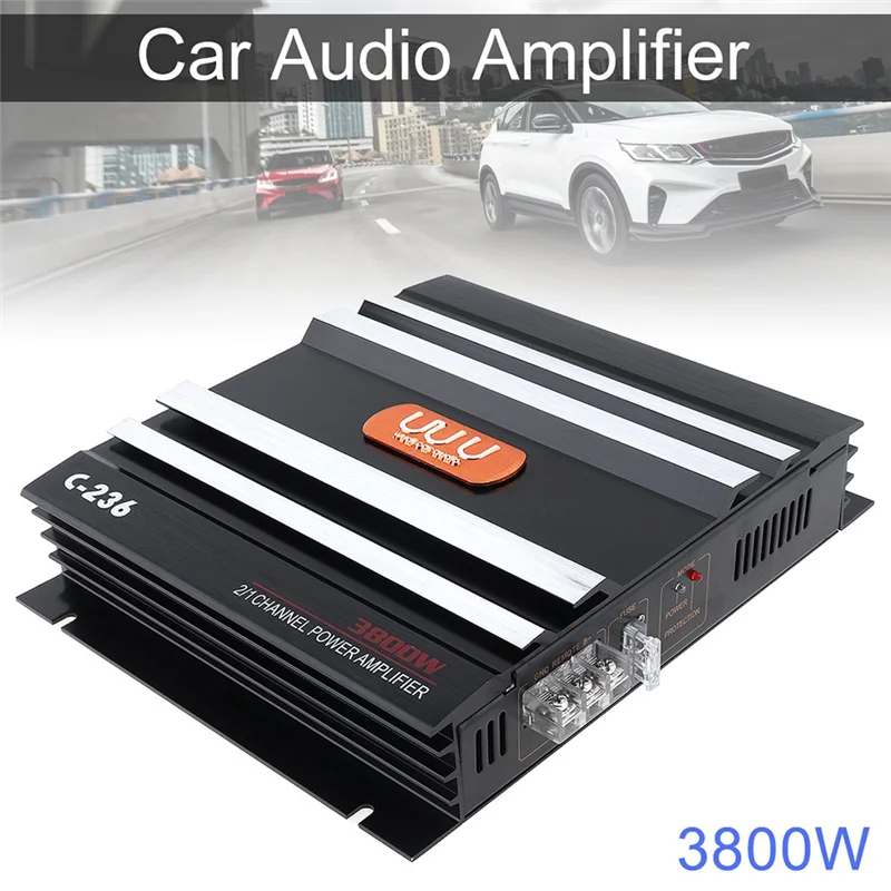 3800 W Car Amplifier 2 Channel Black Aluminum Alloy High Power Car Stereo Audio Power Amplifier for Car Subwoofer