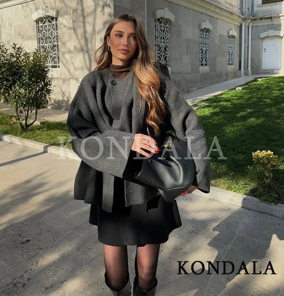 

KONDALA осенний вязаный накидка с воротником-шарфом, женский элегантный повседневный асимметричный свитер, осень-зима 2025 г., модное женское пальто