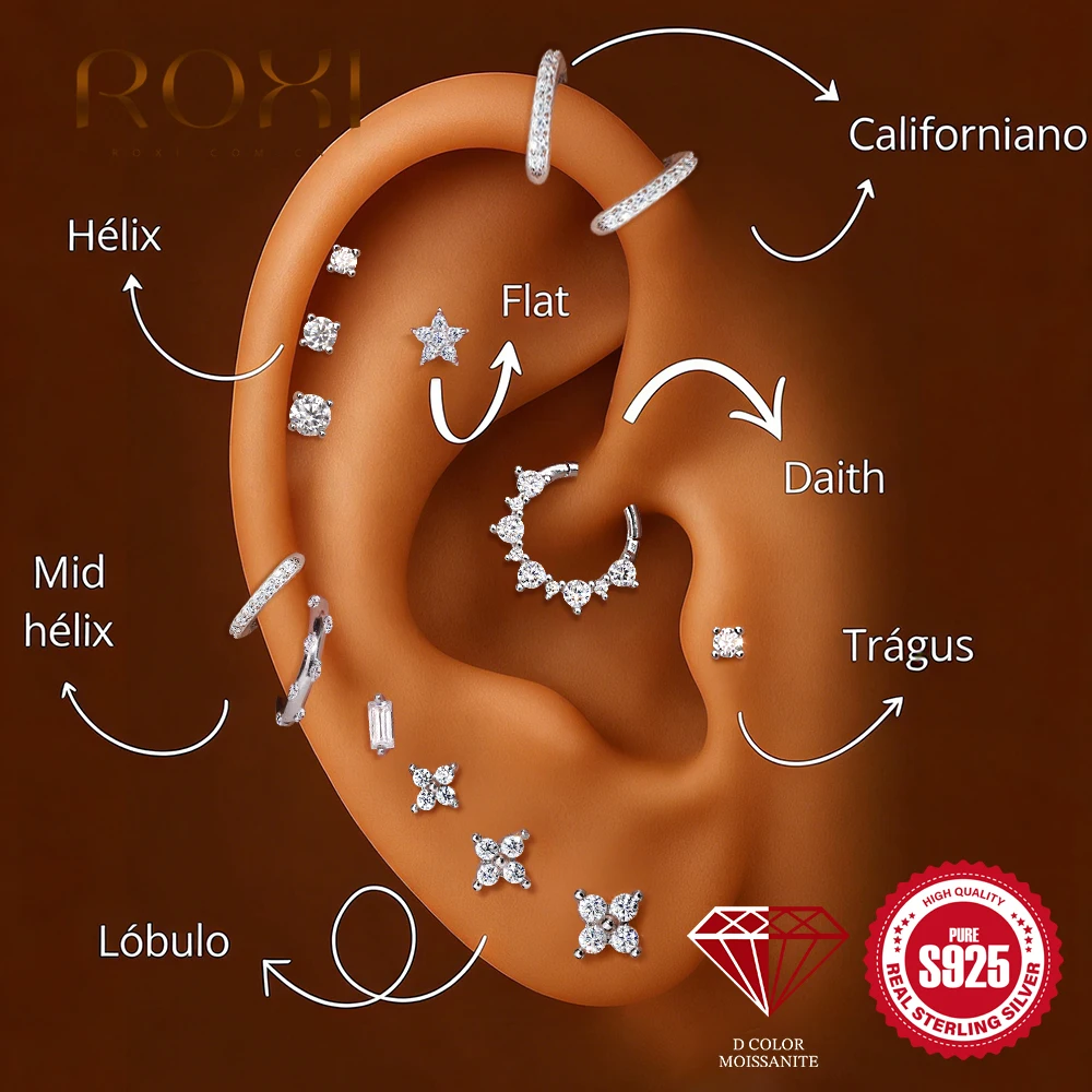 

ROXI Moissanite 925 Sterling Silver Tassel for Women Geometric Piercing Earring Flat Back Stud Helix Flower Pendant Fine Jewelry