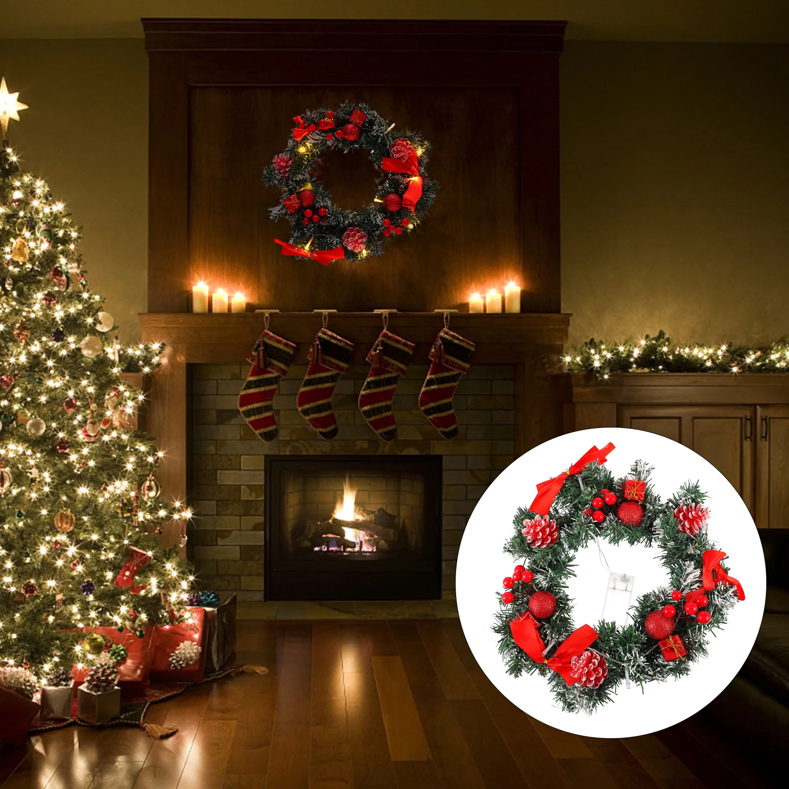 

1pc 2023 New Arrival Christmas Hanging Garland with Lights LED Decorative Wreath for Door Wall Home Party Xmas Decoration
