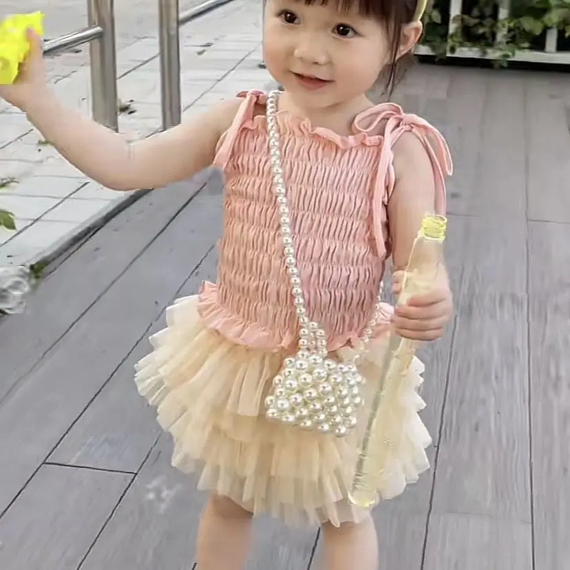

Fashion Kids Children Birthday Princess Clothes 2025 Baby Girls Summer Clothing Set Pleated Slip Shirts+cake Skirts Safty Shorts