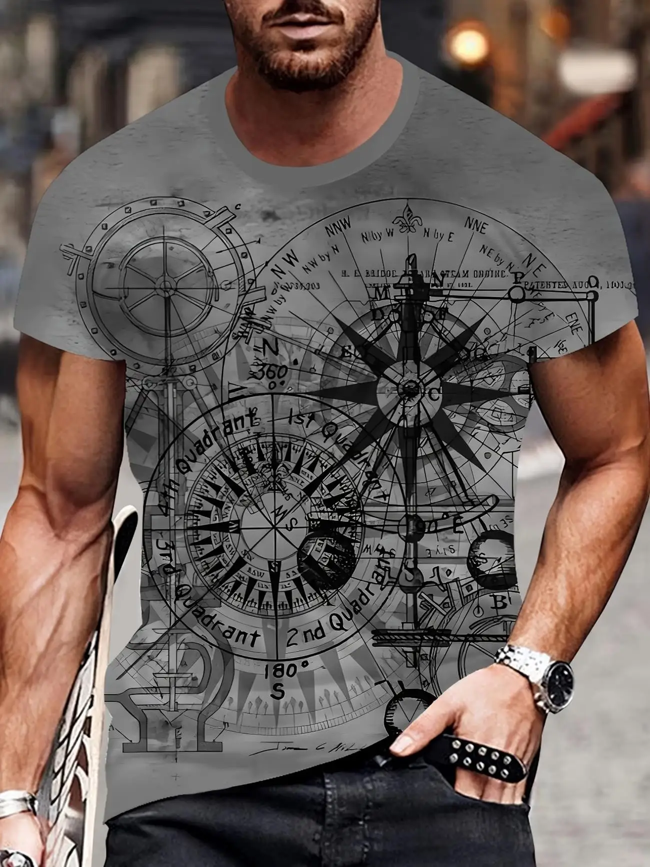 Men's Vintage Nautical Compass Old World Map Full Print Short Sleeve O-Neck T-Shirt Summer Loose Retro Street Daily Casual Top