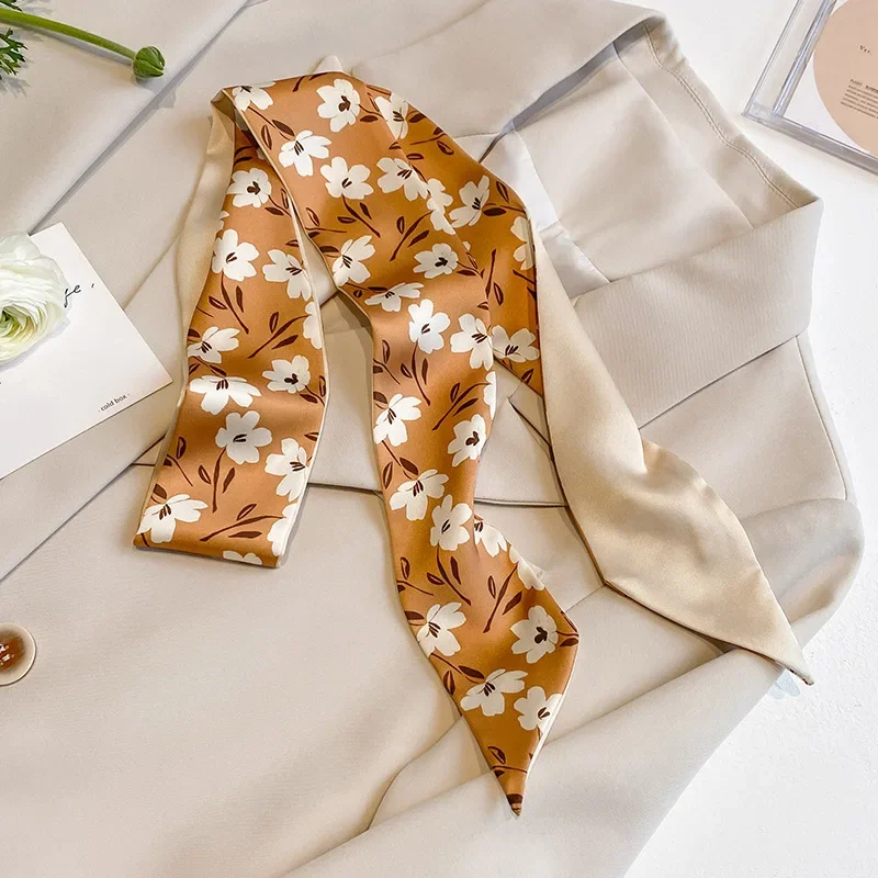 4 stücke dünne Tasche Band Schals für Frauen Mode druck weichen Satin Haarband Foulard Halstuch weibliche Krawatte Haar Schal – Detail 5
