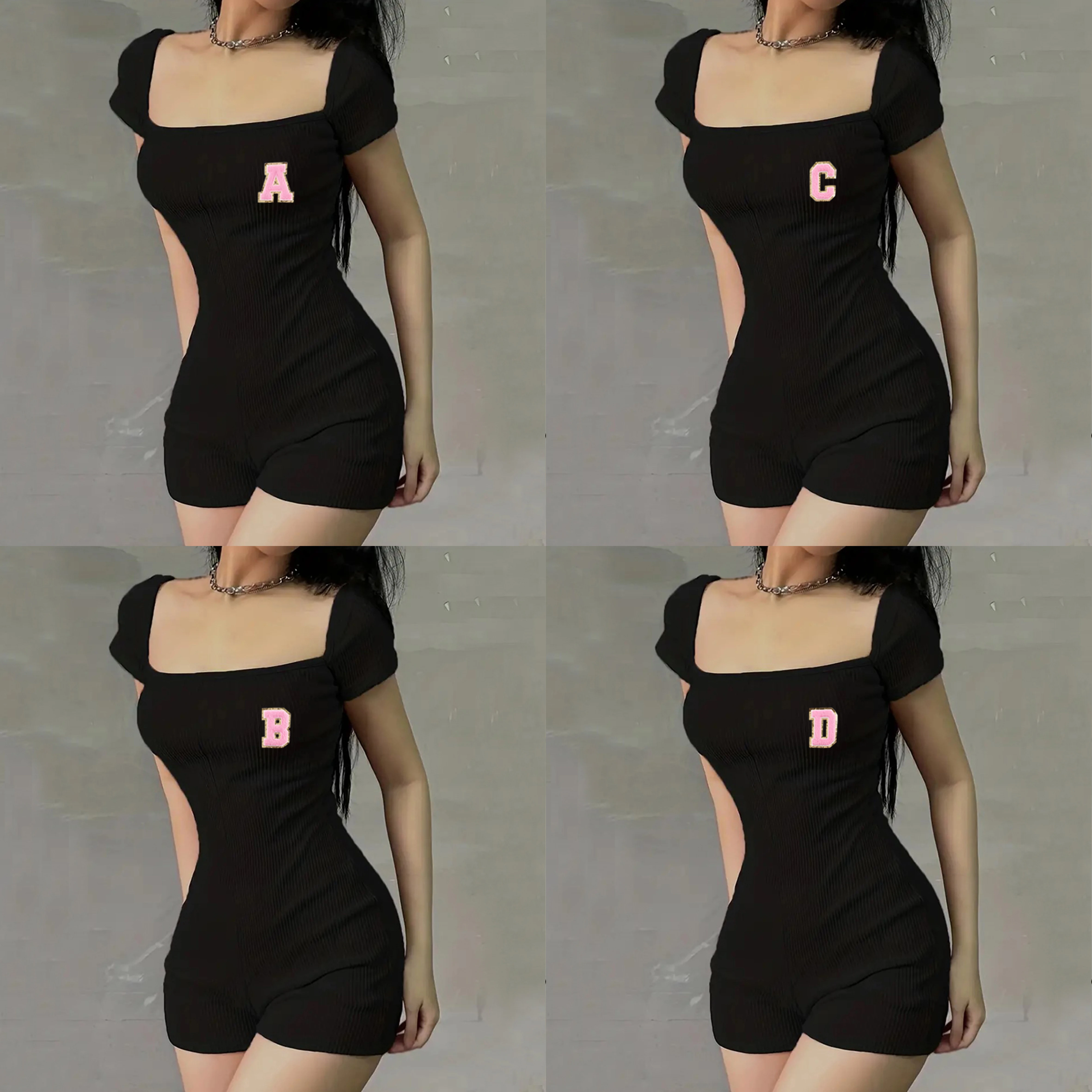 

Alphabet Print Pattern Bodysuit Summer Hot Girls Base Shirt Single Color Black Shorts Jumpsuit Woman Clothing Streetwear Korean