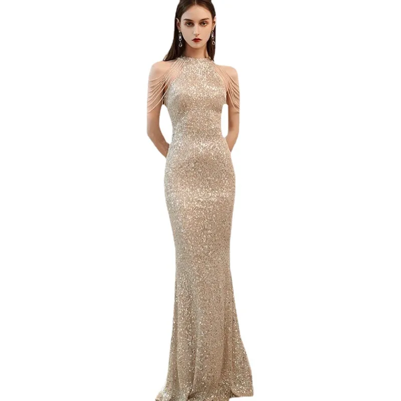 Fishtail Evening for Women 2024 New Banquet Temperament Socialite Tassel Sequins Host Long Slim Fit Dress