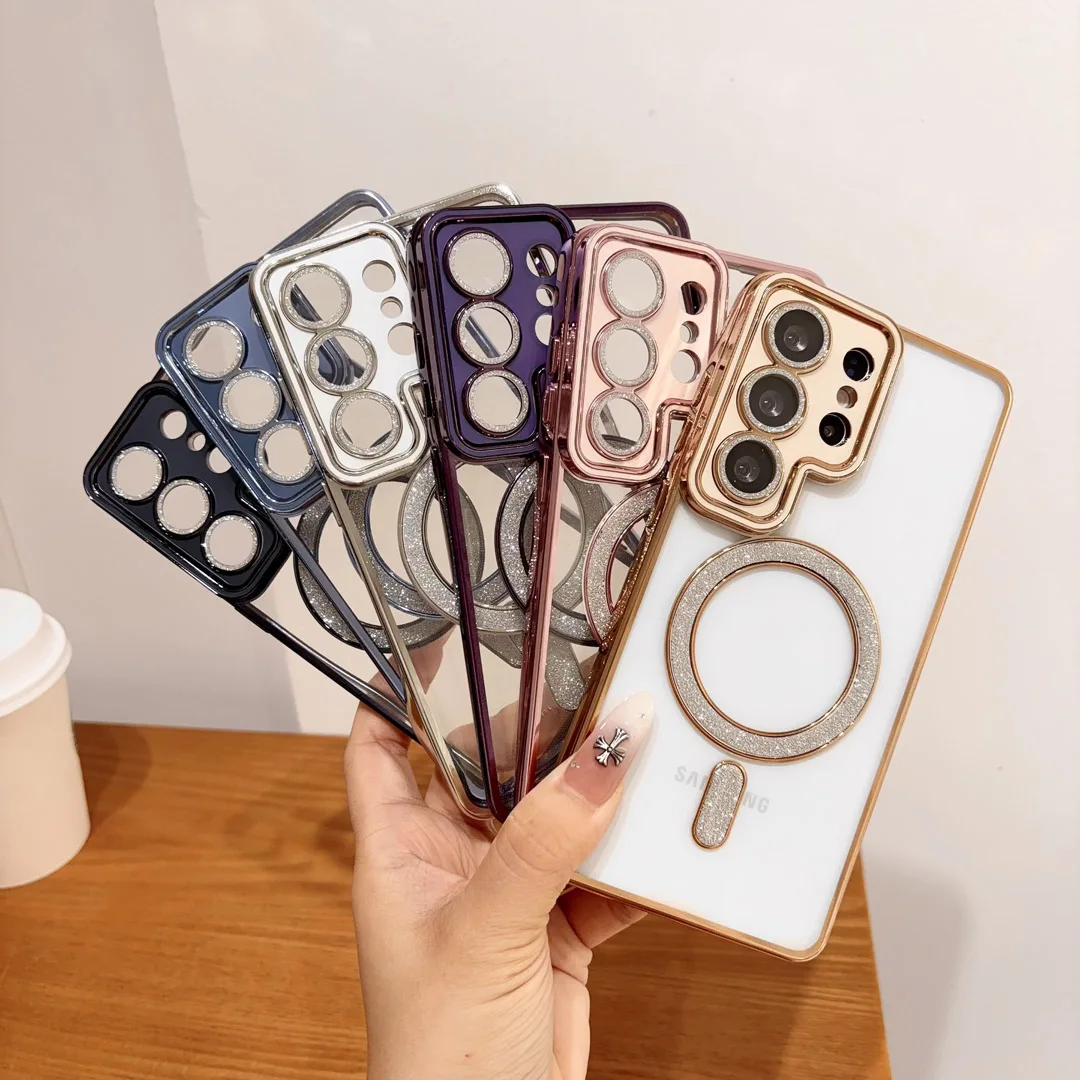 

Luxury Glitter Clear Case For Samsung S25 S26 Ultra S24 FE Plus S23 S22 Camera Protective Film Magnetic Wireless Charging Cover