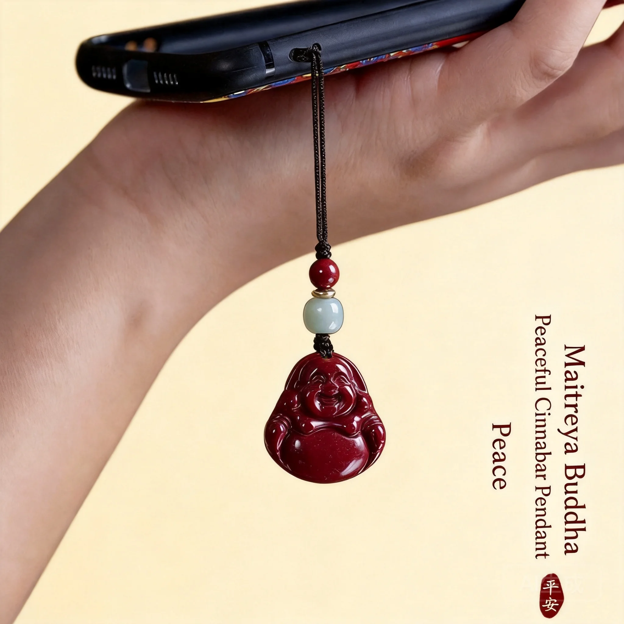 Chinese Style Natural Cinnabar Laughing Maitreya Buddha Pendant Good Luck Wealth Drawing Phone Lanyard Keychain Blessing Amulet