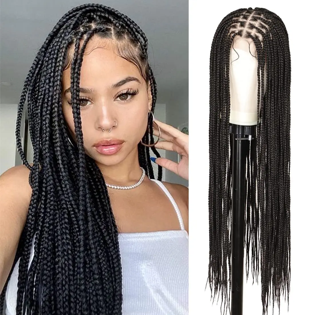 Free Part 2023 New 36 inches Long Natural Black Soft Full Lace Braided Wigs Braid African With Baby Hair Full Lace Braided Wigs