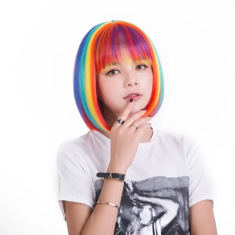 Cosplay Regenboog Bob Pruik Multicolor Regenboog Korte Bob Pruik Met Pony Krullend Golvende Synthetische Pruik Voor Vrouwen Meisjes Feestaccessoires