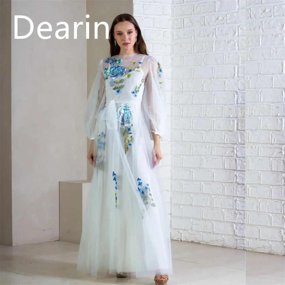 

Customized Evening Dress Prom Gown Formal Party Occasion Dearin Scoop Neckline A-line Floor Length Skirts Tulle Applique Bespoke