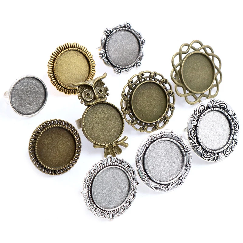 20mm 5pcs Antique Silver Plated Bronze Brass Mix Style Adjustable Ring Settings Blank/Base,Fit 20mm Glass Cabochons