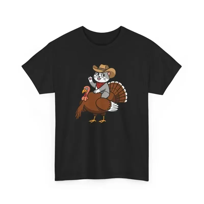 COWBOY CAT RIDING A TURKEY THANKSGIVING FUNNY HUMOR COMICAL GIFT TEE TSHIRT