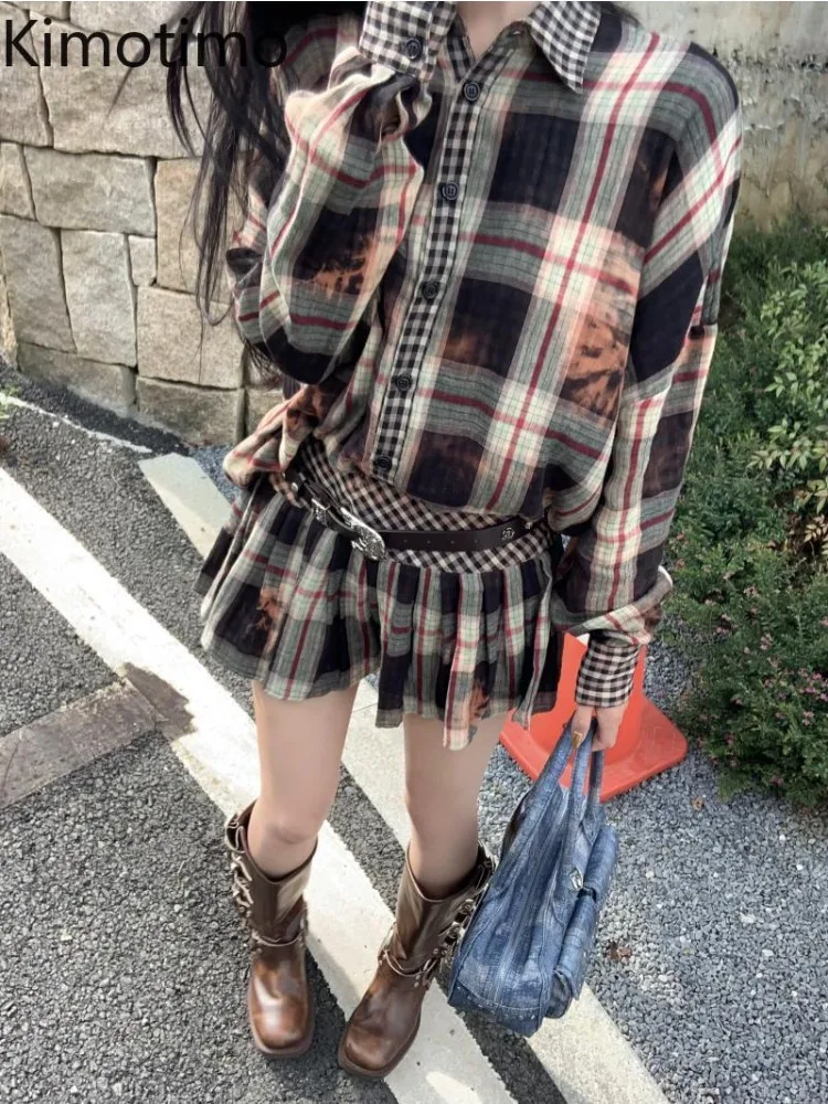 Kimotimo Vintage Plaid Skirt Sets Women Fashion Loose Long Sleeve Shirt Belt Waist Pleated A Line Mini Skirts Y2k 2 Piece Suits