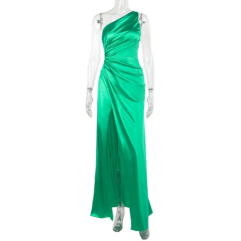 

Sexy One Shoulder High Split Ruched Long Formal Evening Dress Green