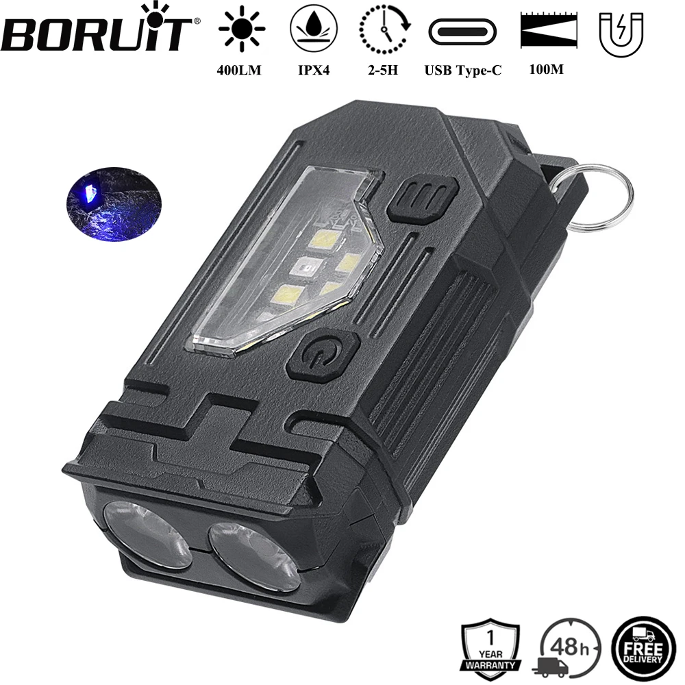 BORUiT 400LM Keychain EDC LED Flashlight USB Type-C Rechargeable Work Light Torch with Magnet Waterproof Camping Pocket Lantern