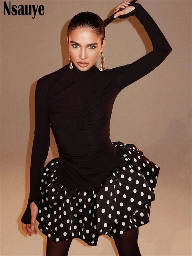 Nsauye Pullover Sexy Evening Bud Ruffles Short Club Evening Fashion Party Dress 2025 Women Long Sleeve Elegant Polka Dot Dress