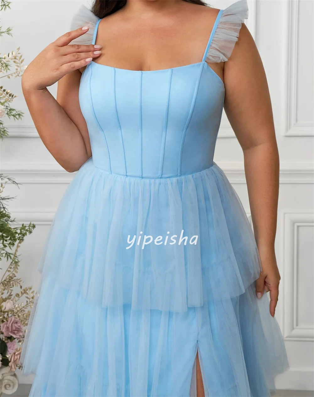 Customized Modern Style Fashion Tulle Tiered Straight Spaghetti strap Long Dresses Bespoke Occasion Dresses Matching Classic