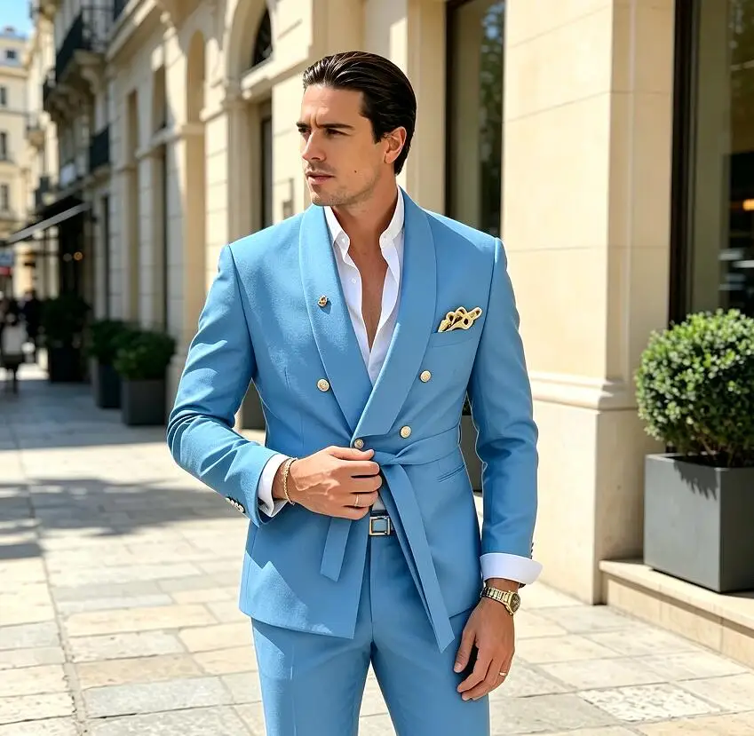 Latest Design Men Suits Double Breasted Shawl Lapel Formal Wedding Party Tuxedo 2 Piece Set Jacket Pants Traje Americana Hombre