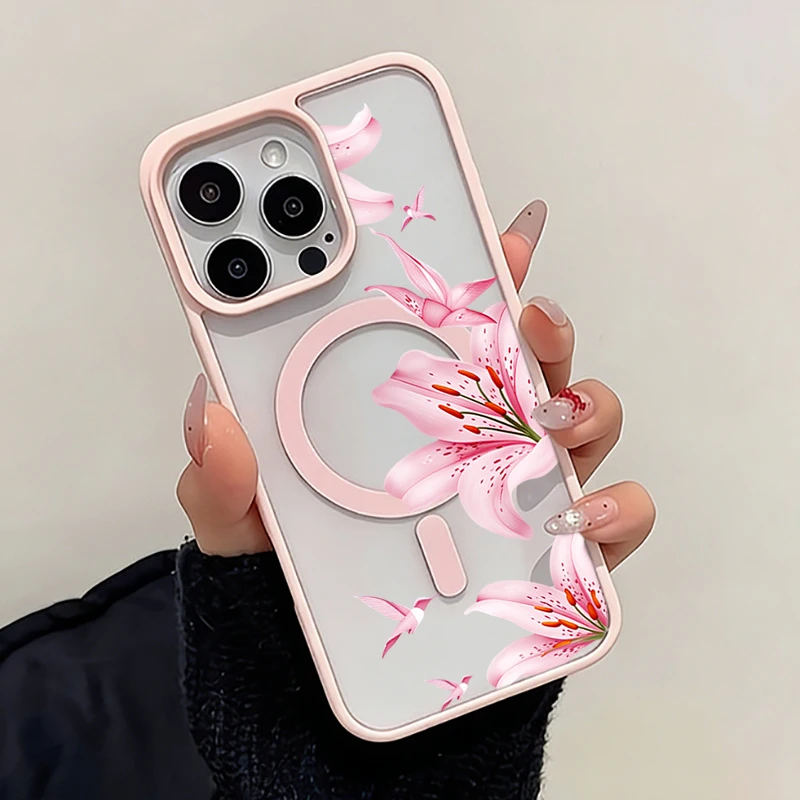 Funda Magnética con Diseño de Flores Rosadas y Pájaros para iPhone 17 16 12 14 15 Pro Max Plus Air 17E 16E 11 13, Compatible con Carga Inalámbrica Magsafe