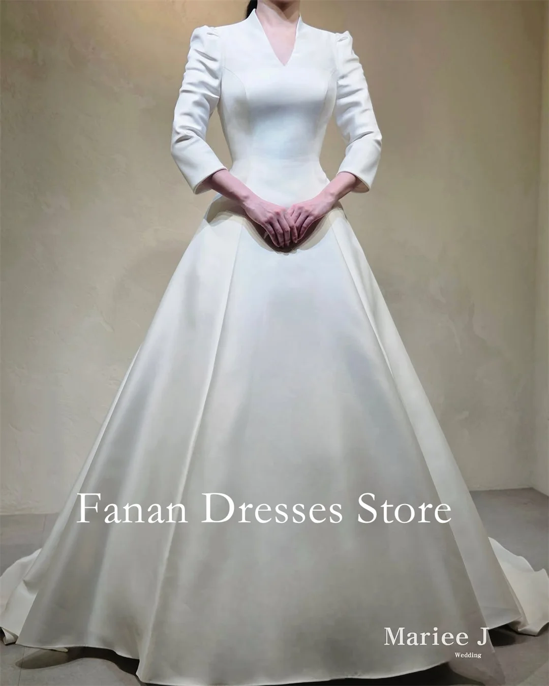 V-Neckline 3/4 Long Sleeves Satin A Line Wedding Dress Court Train Minimalist Ballgown Bridal Gown For Indoor Ceremony