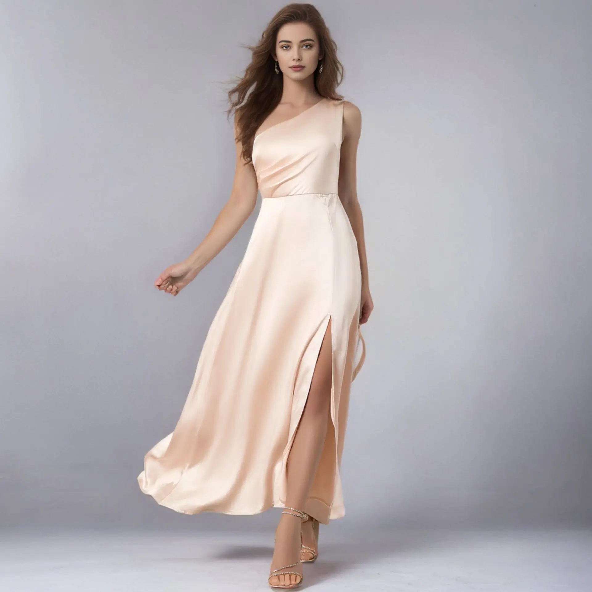 

Middle East INS Beige One Shoulder High Waist High Split Bridesmaid Dress Evening Long Dresses