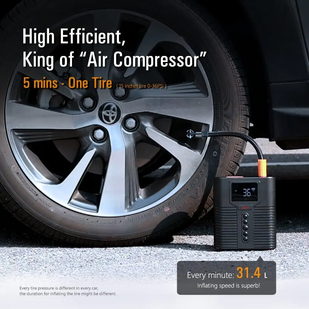 Compressor de ar portátil STP12 1200A com partida de salto, 12000mAh, inflador digital de 150 PSI, banco de potência para motores de gás 8L/5L