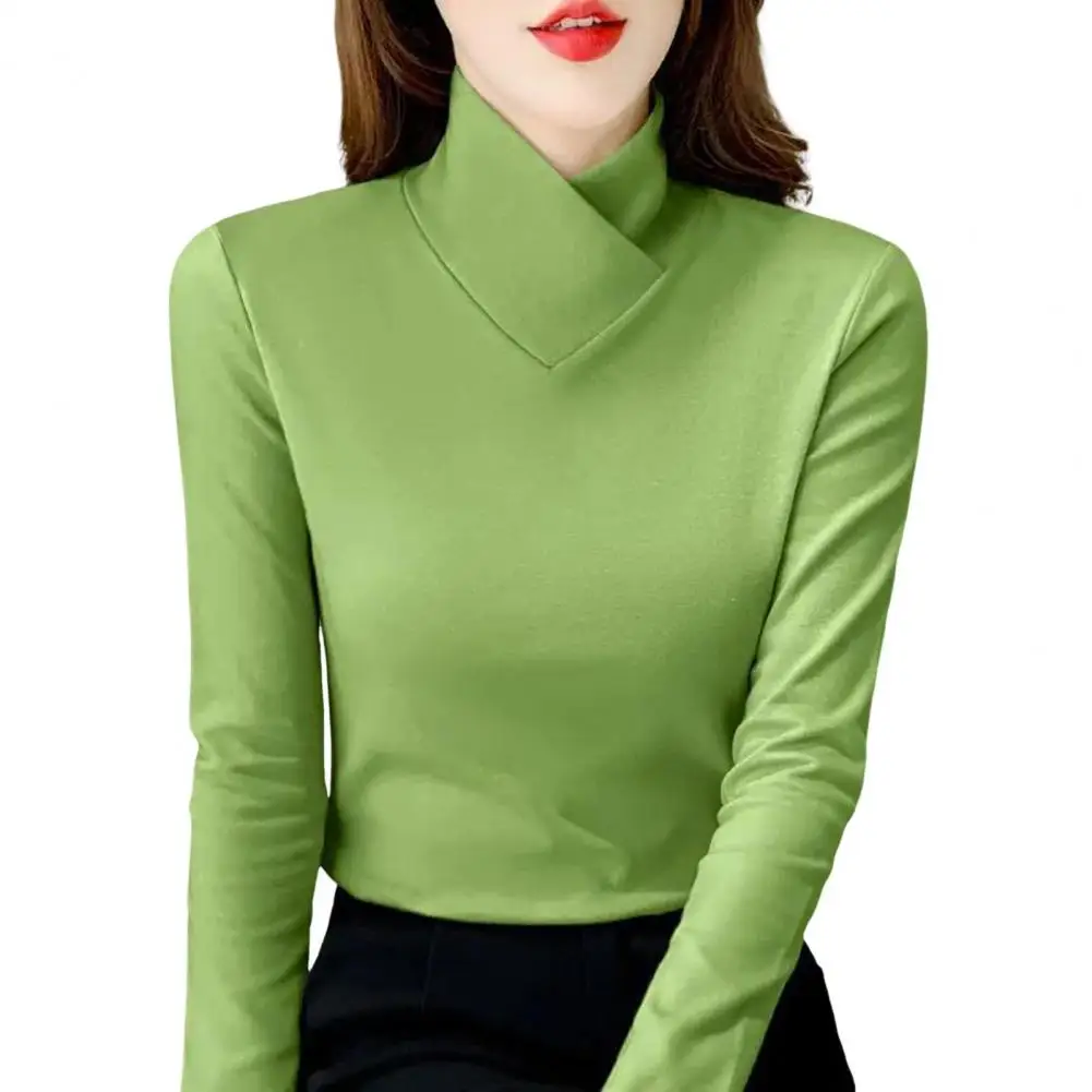 Autumn Winter Women Blouse Bottoming Tops Half High Collar Long Sleeve Slim Stretchy Pullover Top Solid Color Shirt