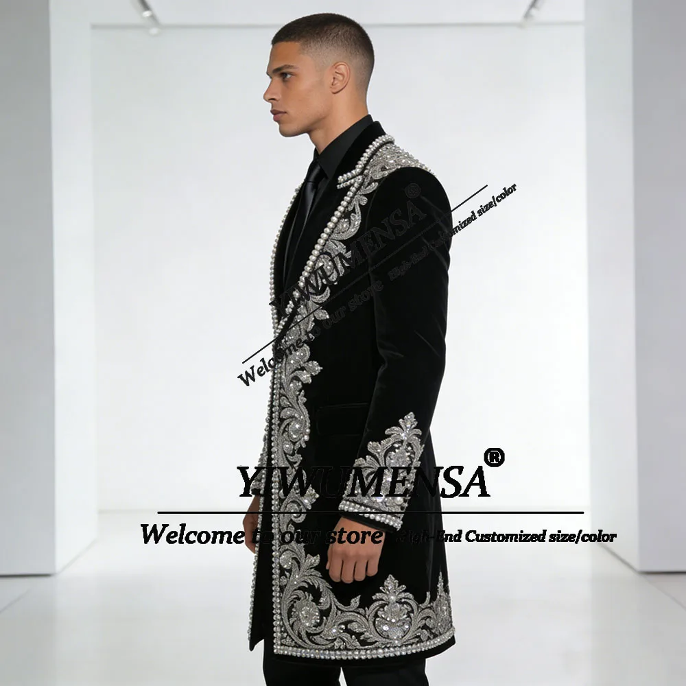 Sieraden Ornament Mannen Pak Aangepaste Kralen Fluwelen Jas Lange Bruidegom Blazers 2-delige Sets Bruiloft Tuxedo Trajes Para Hombre