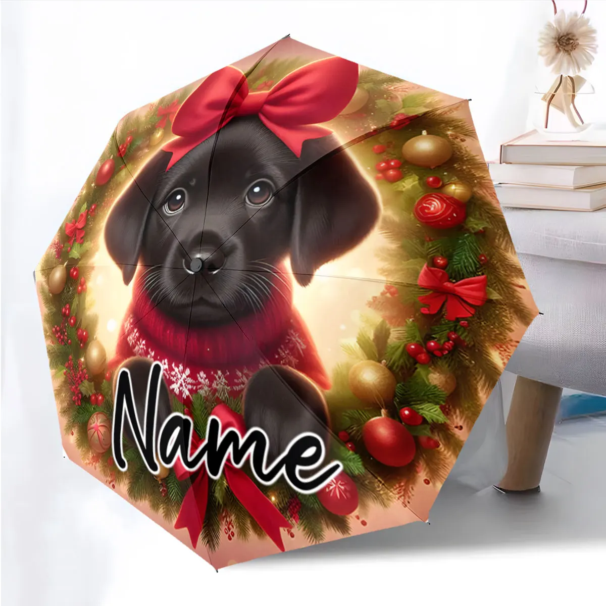 Custom Name Festive Umbrella with Adorable Puppy Design Print 8 Iron Ribs Folding Umbrella, Auto-Open Fashion Sunshade
