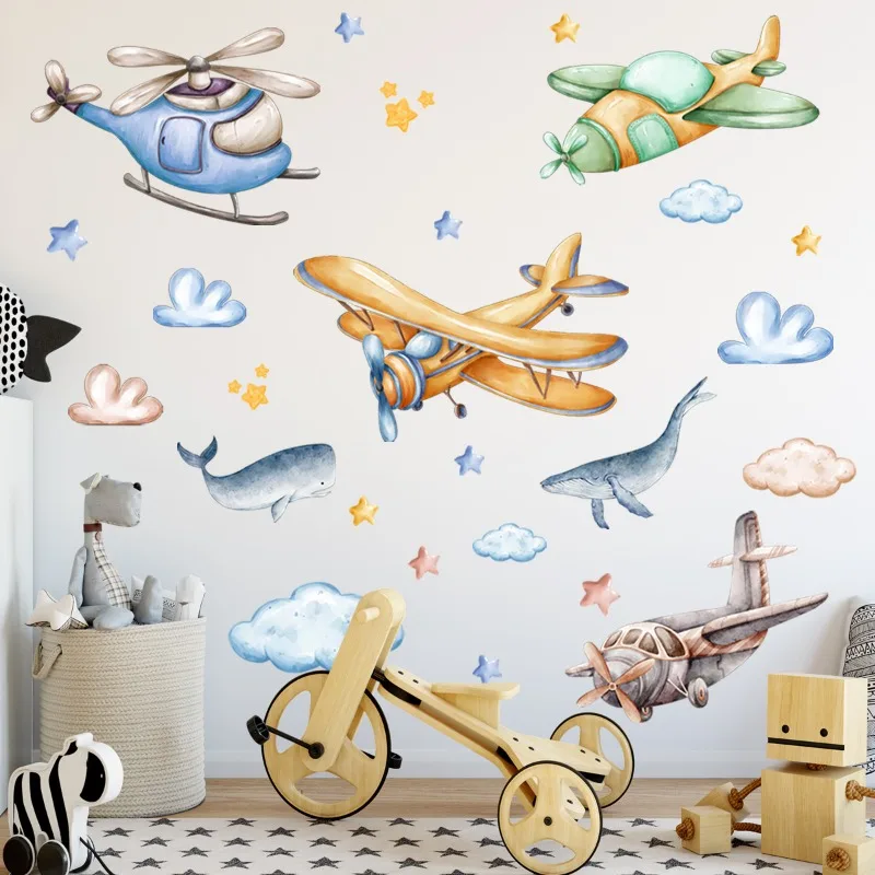 Watercolor Airplane Cloud Moon Wall Sticker Baby Nursery Kids Room Puppy Aircrafts Wall Decal Children Bedroom Playroom Decor