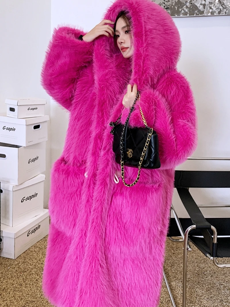 Casaco com capuz de pele sintética feminino, lã artificial, casaco longo, ecológico, rosa vermelha, moda feminina, promoção, inverno