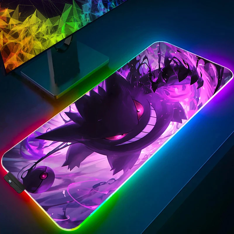 RGB Backlight Mouse Pad P-Pokemons Gengar Anime Gabinete HD Print XXL Computer LED Desk Mat Keyboard Gaming Accessories Mousepad