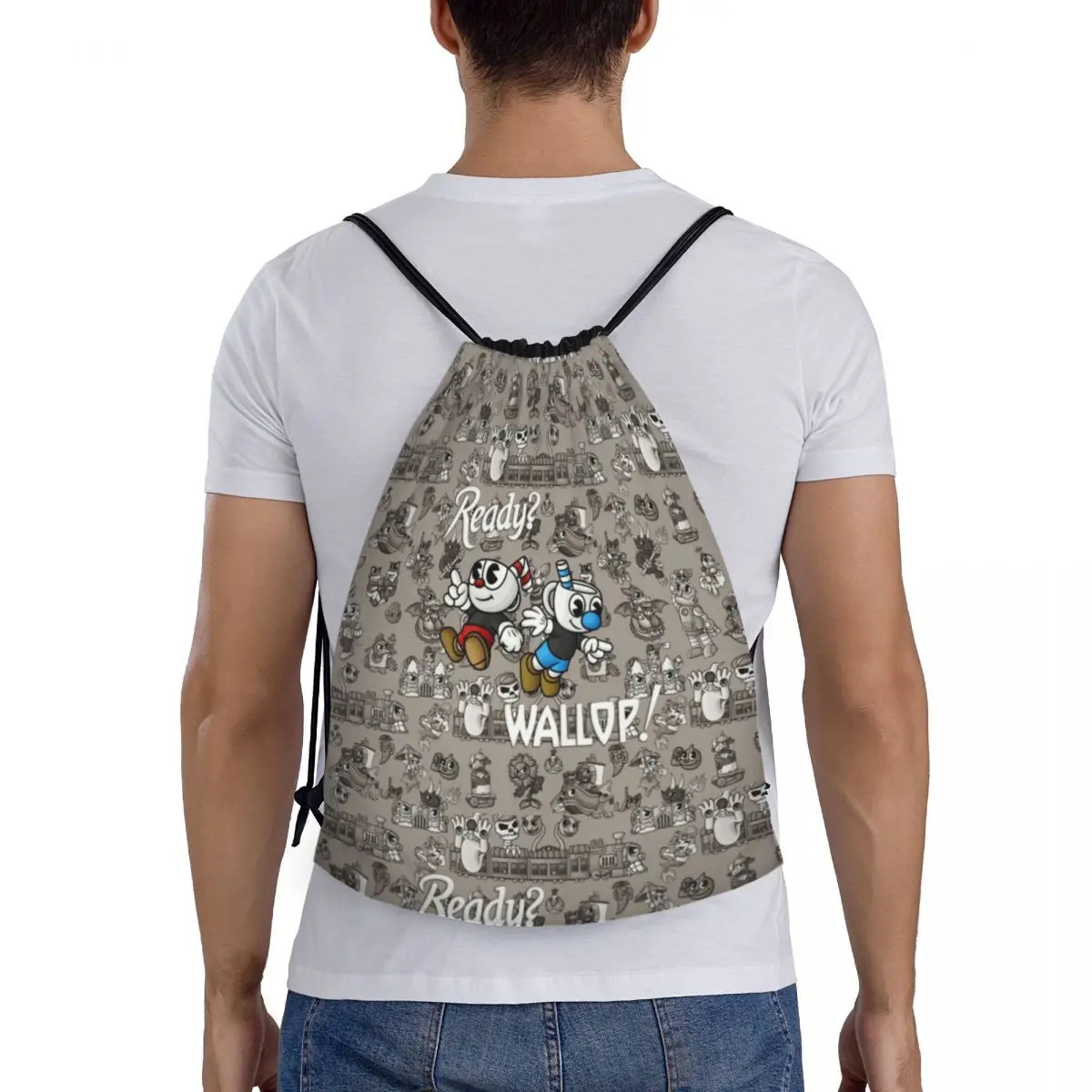 Desenhos animados Cuphead Mugman Drawstring Sacos para homens e mulheres, leve esportes ginásio armazenamento mochila, jogo quente personalizado