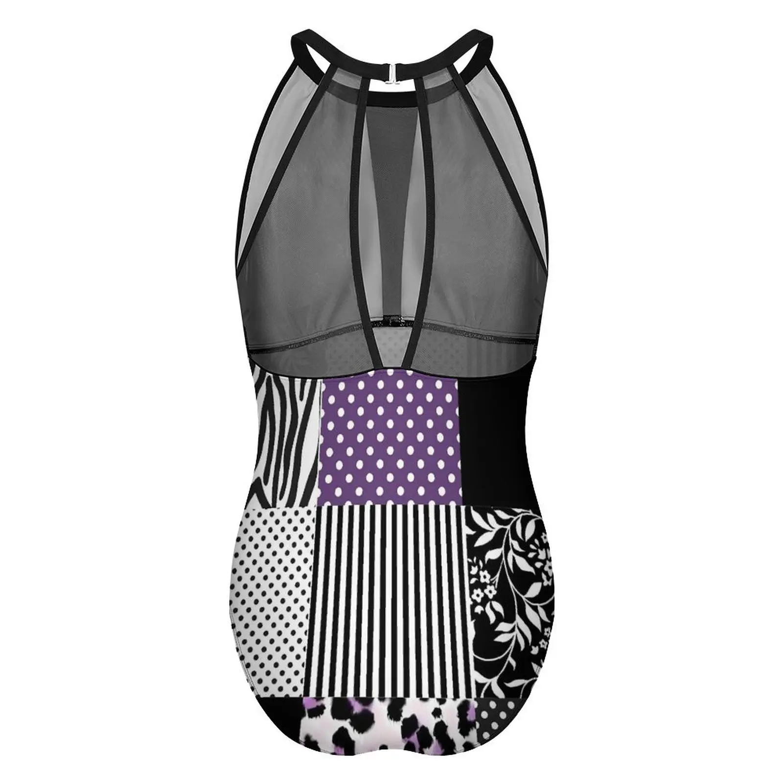 Patchwork Print Badpak Sexy Paars En Zwart Dames Badmode Eendelig Trendy Bodysuit Vakantie Rave Push-Up Mesh Monokini