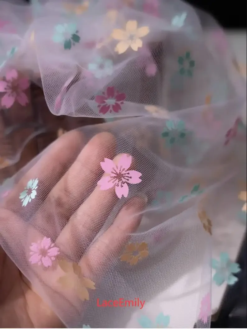 

9 Colors Delicate pink cherry blossom print Lace Fabric floral print Soft Tulle For Girl Dress Tutu Dress Wedding Dress