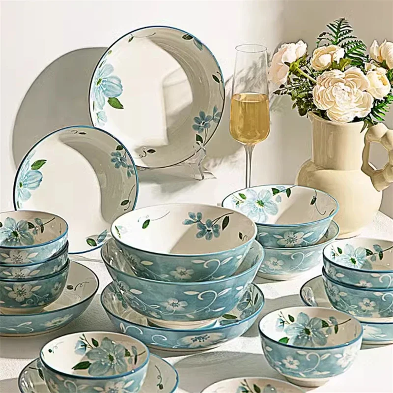 European Style New High-End Bowl Plate Dish Dish Underglaze Colored Tableware Blue Printed Ceramic Fresh Noodle Bowl Set