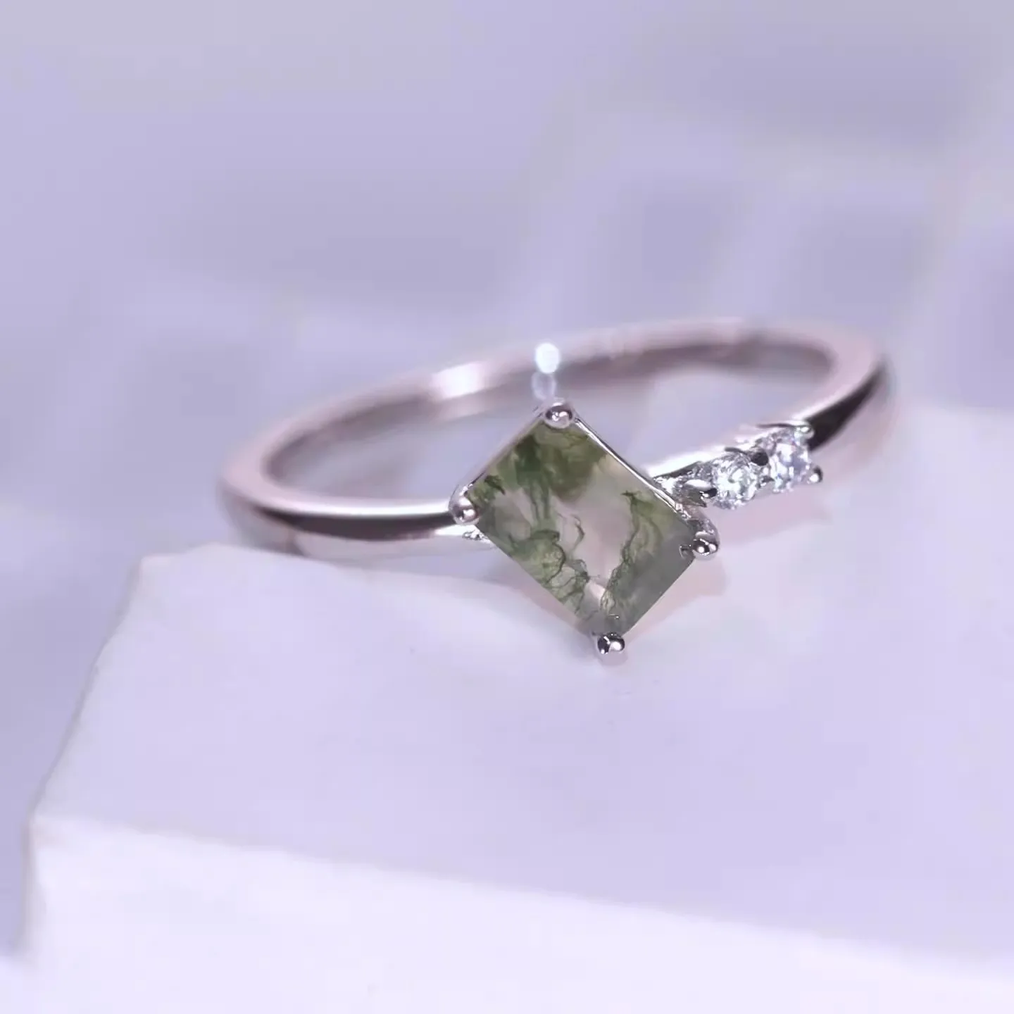 4x6mm Square Natural Stone Moss Agate Adjustable Rings Geometric Gemstone Fine Jewelry Wedding White Gold Plated Engagement Gift