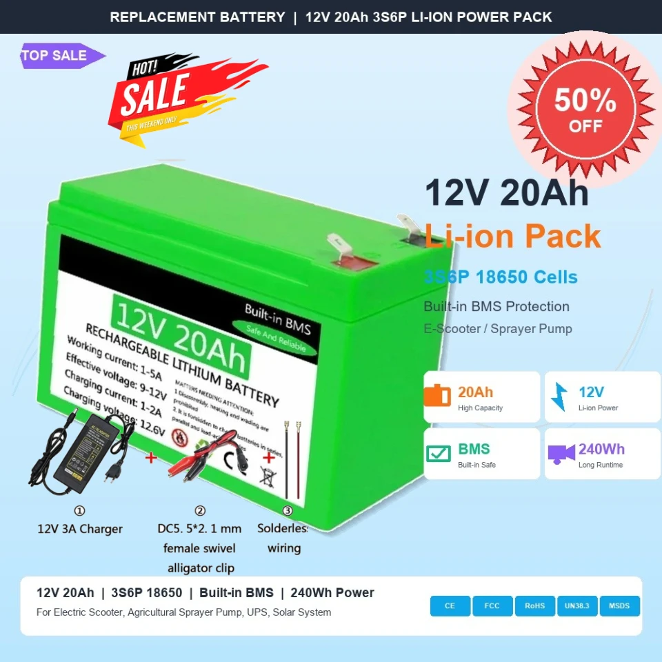 12V 20Ah 3S6P 18650 Li-ion Battery Pack, Built-in BMS High Capacity Lithium Battery for Electric Scooter, Agricultural Sprayer